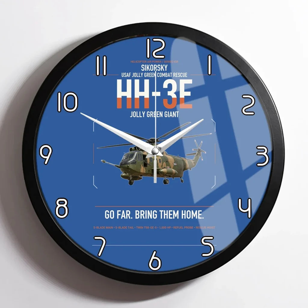 Sikorsky HH-3E Jolly Green Giant design on blue framed wall clock