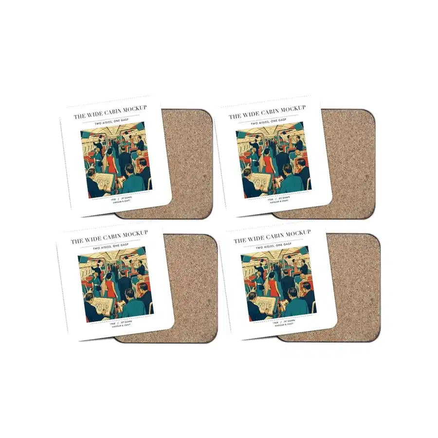 The Wide Cabin Mockup - Designed Coasters design on white 4-pieces-set