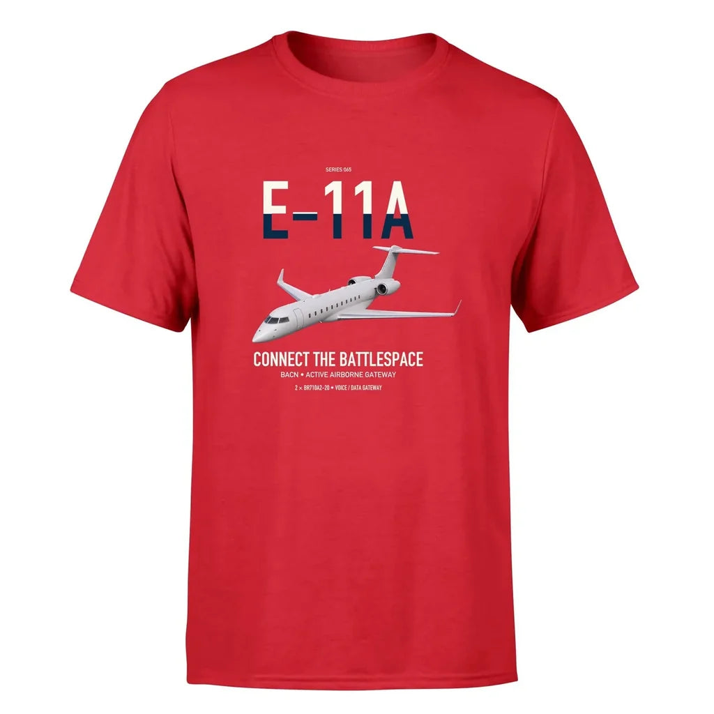E-11A BACN design on red double-side t-shirt, single-side print