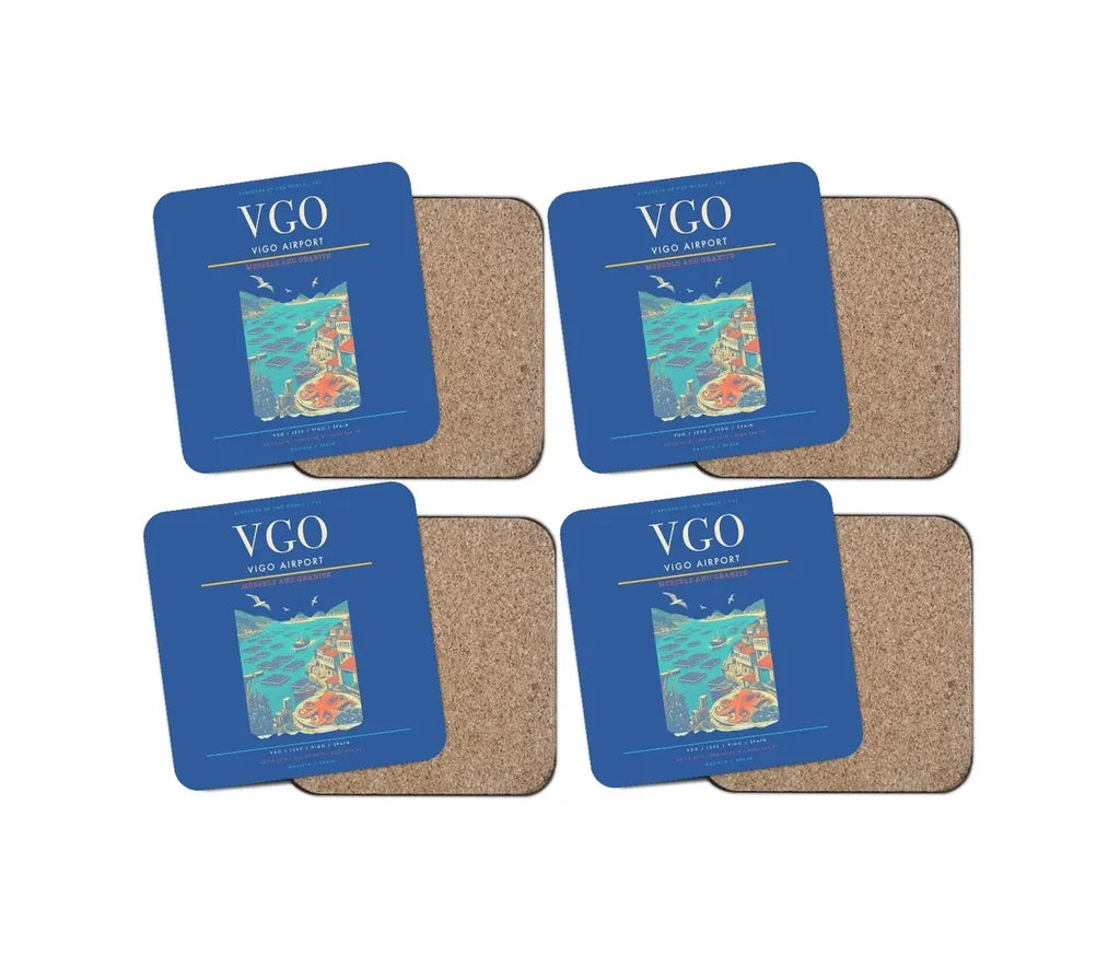 Vigo Airport (VGO) design on blue 4 pieces set coaster