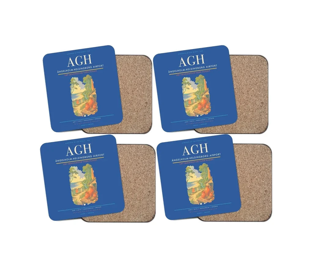 Ängelholm-Helsingborg Airport (AGH) design on blue 4 pieces set coaster