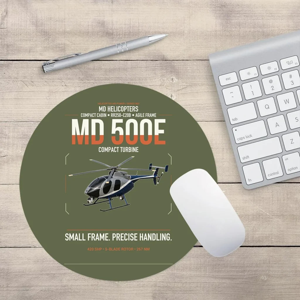 MD Helicopters MD 500E design on green army round mouse pad