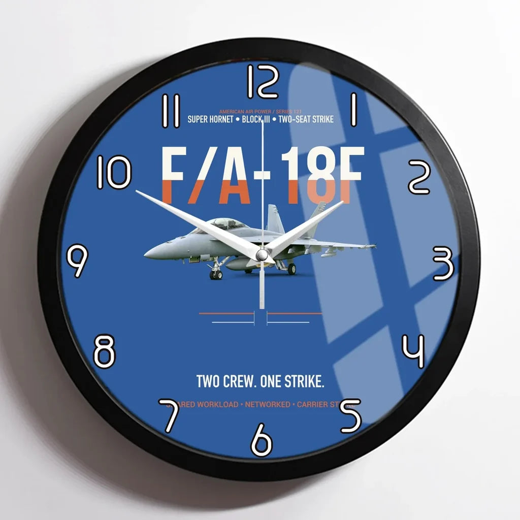 F-A-18F Super Hornet Block III Two Crew One Strike design on blue framed wall clock