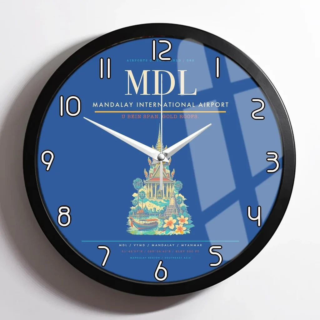 Mandalay International Airport (MDL) design on blue framed wall clock