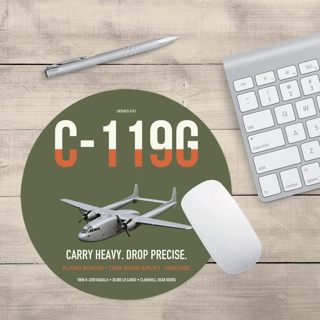 C-119G Flying Boxcar design on green army round mouse pad