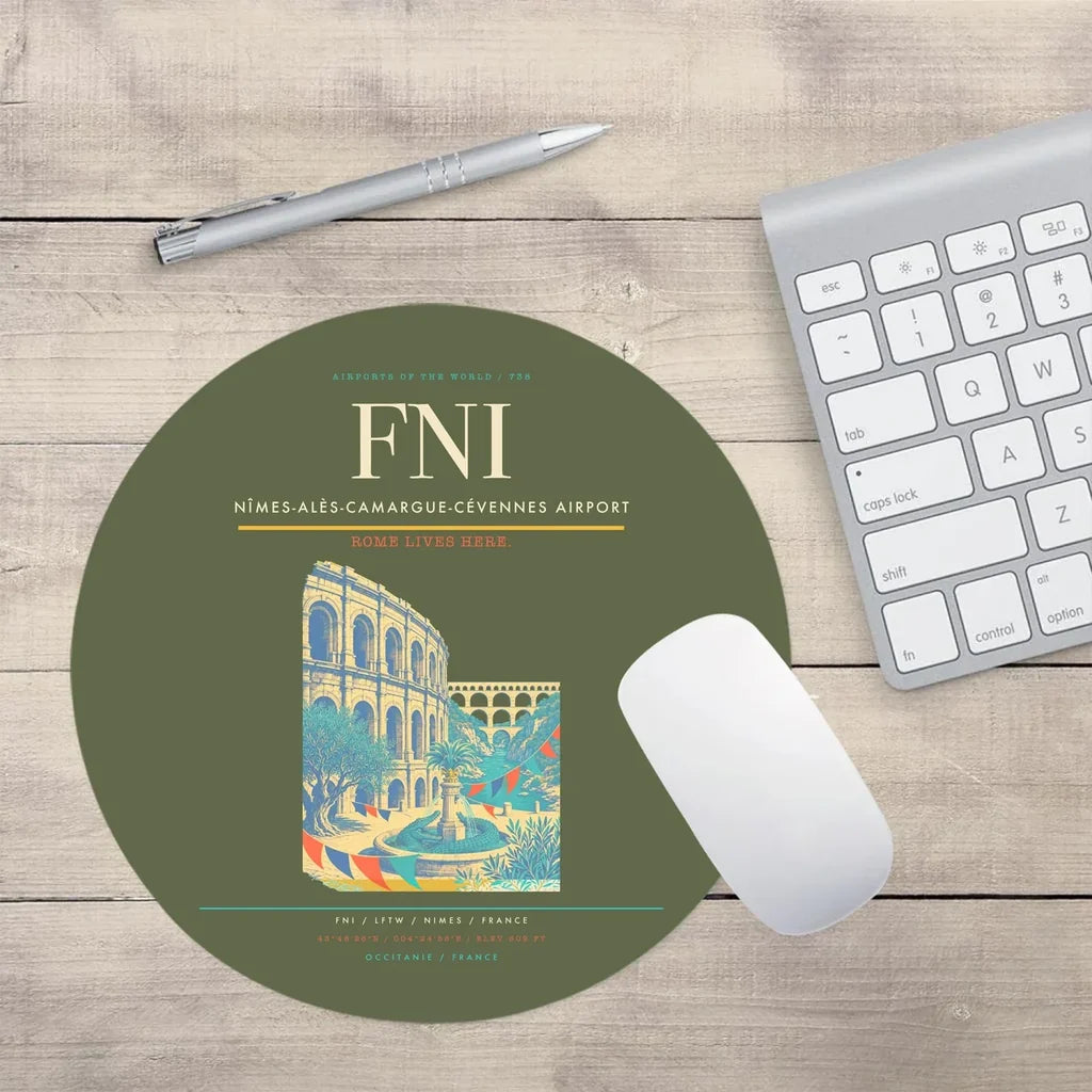 Nîmes-Alès-Camargue-Cévennes Airport (FNI) design on green army round mouse pad