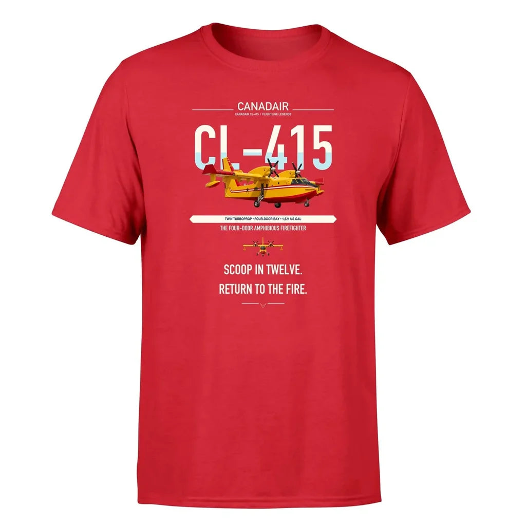 Canadair CL-415 design on red t-shirt, single-side print