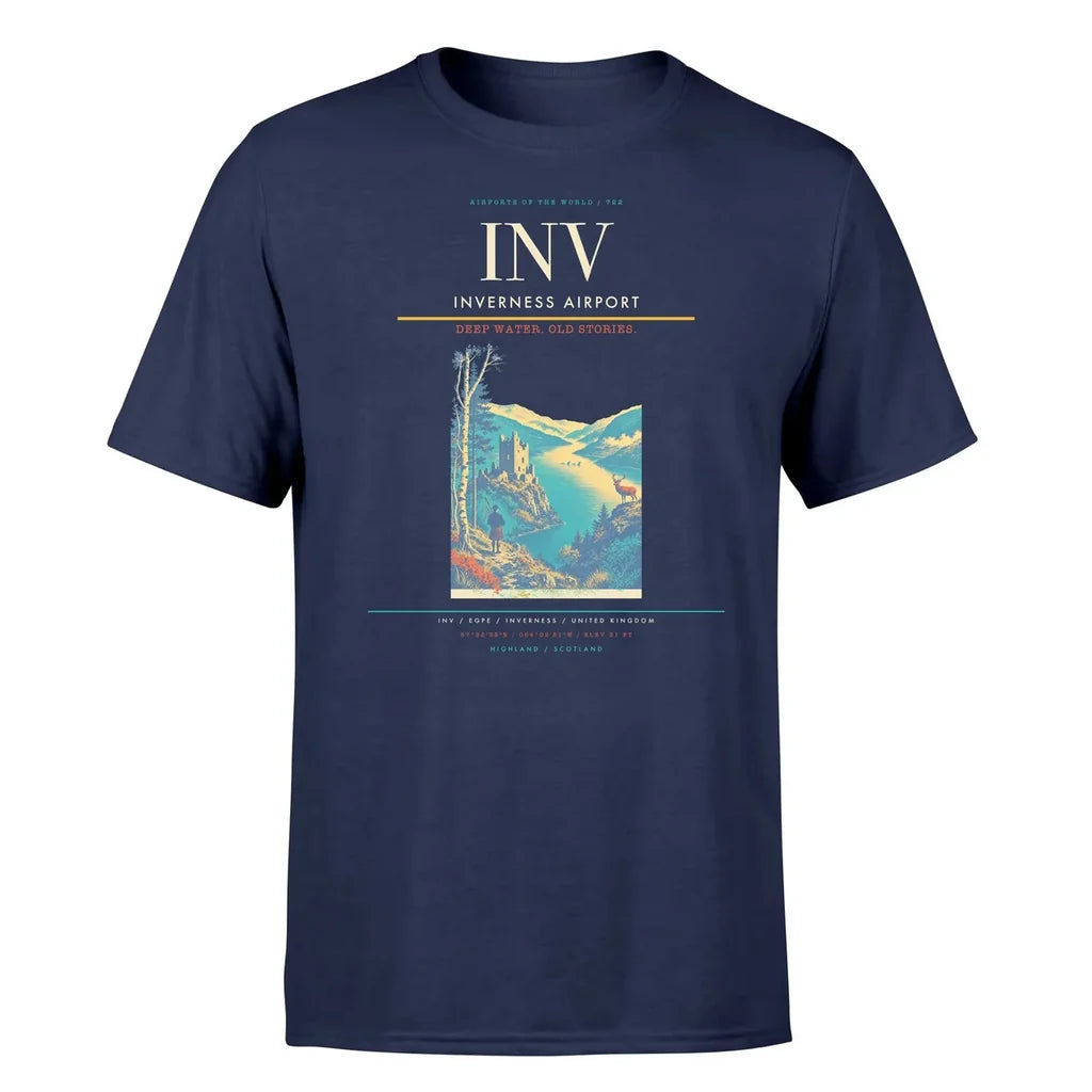 Inverness Airport (INV) T-Shirt single-side front print in Navy Blue | inverness-airport-inv-double-side-t-shirt