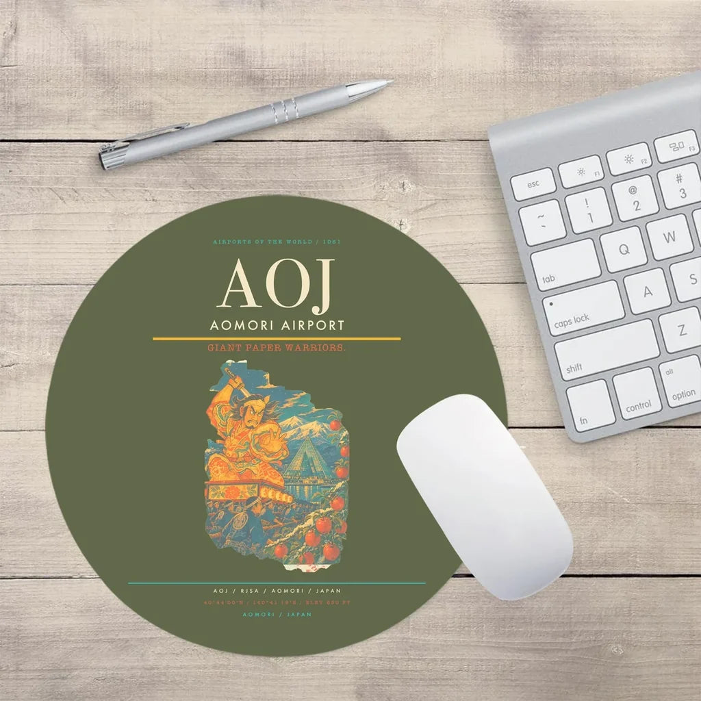 Aomori Airport (AOJ) design on green army round mouse pad