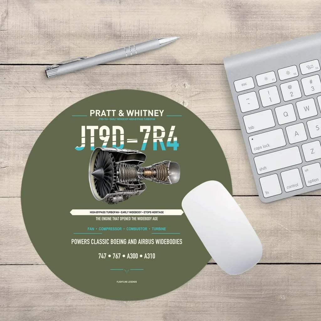 JT9D-7R4 design on green army round mouse pad