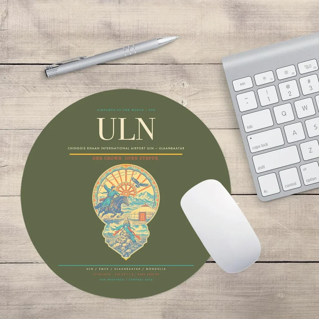 Chinggis Khaan International Airport (ULN) design on green army round mouse pad