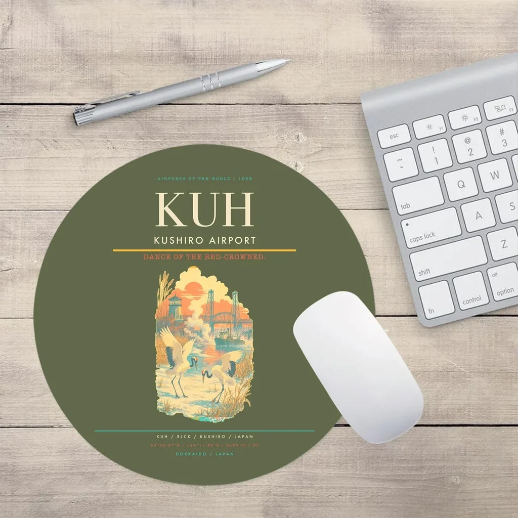 Kushiro Airport (KUH) design on green army round mouse pad