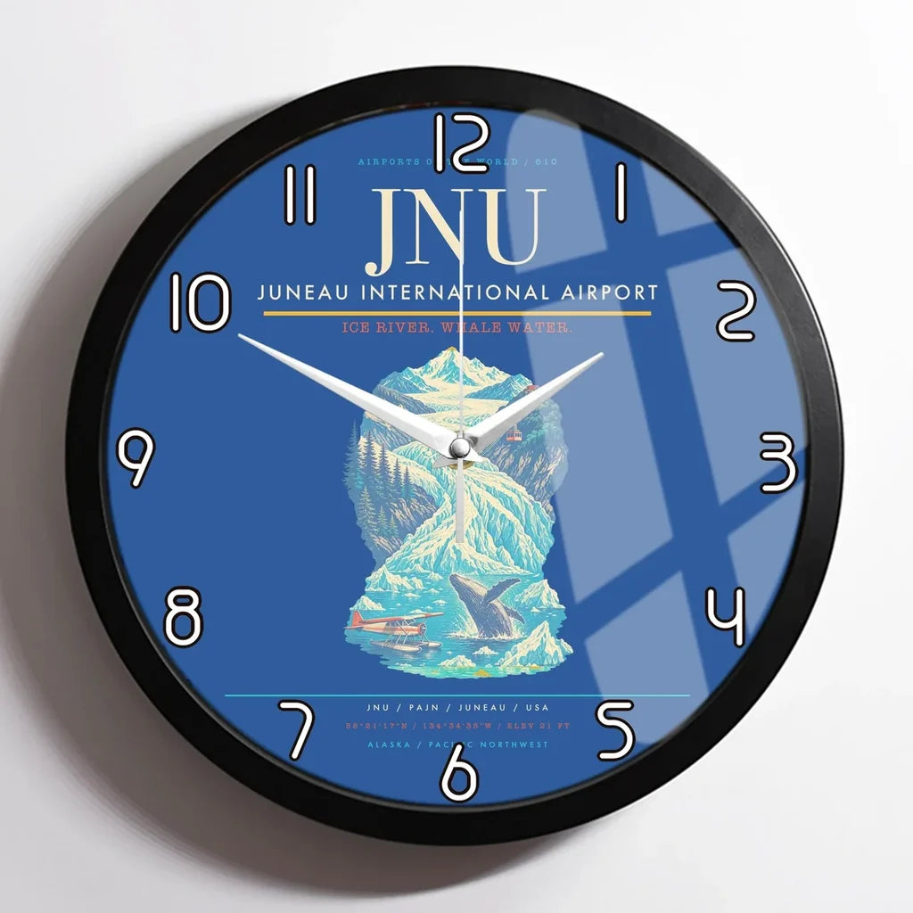 Juneau International Airport (JNU) design on blue framed wall clock
