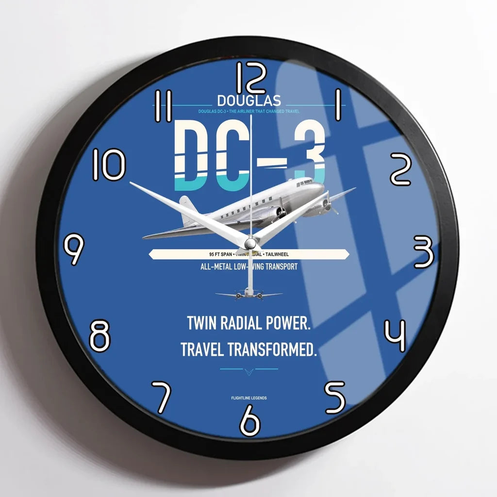 Douglas DC-3 design on blue framed wall clock