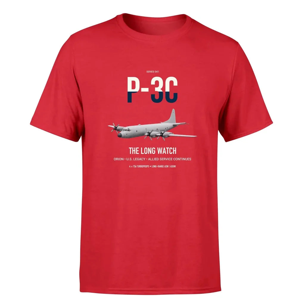 P-3C Orion design on red double-side t-shirt, single-side print