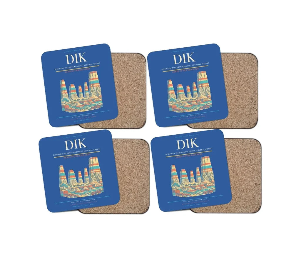 Dickinson Theodore Roosevelt Regional Airport (DIK) design on blue 4 pieces set coaster