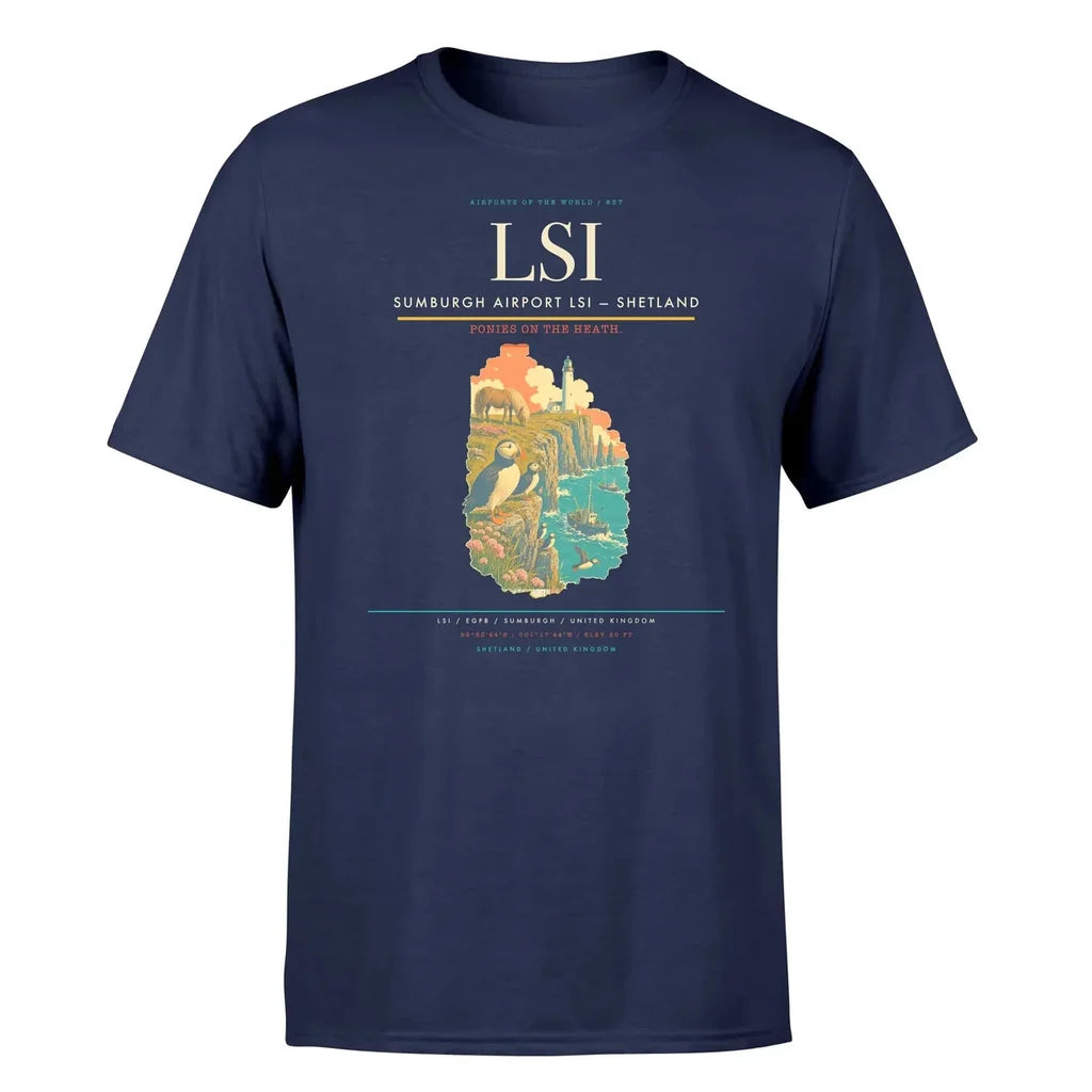 Sumburgh Airport (LSI) T-Shirt single-side front print in Navy Blue | sumburgh-airport-lsi-double-side-t-shirt