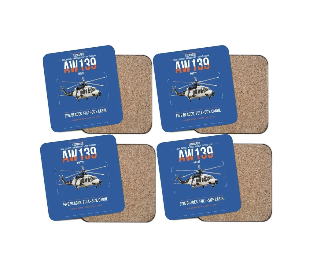 Leonardo AW139 design on blue 4 pieces set coaster