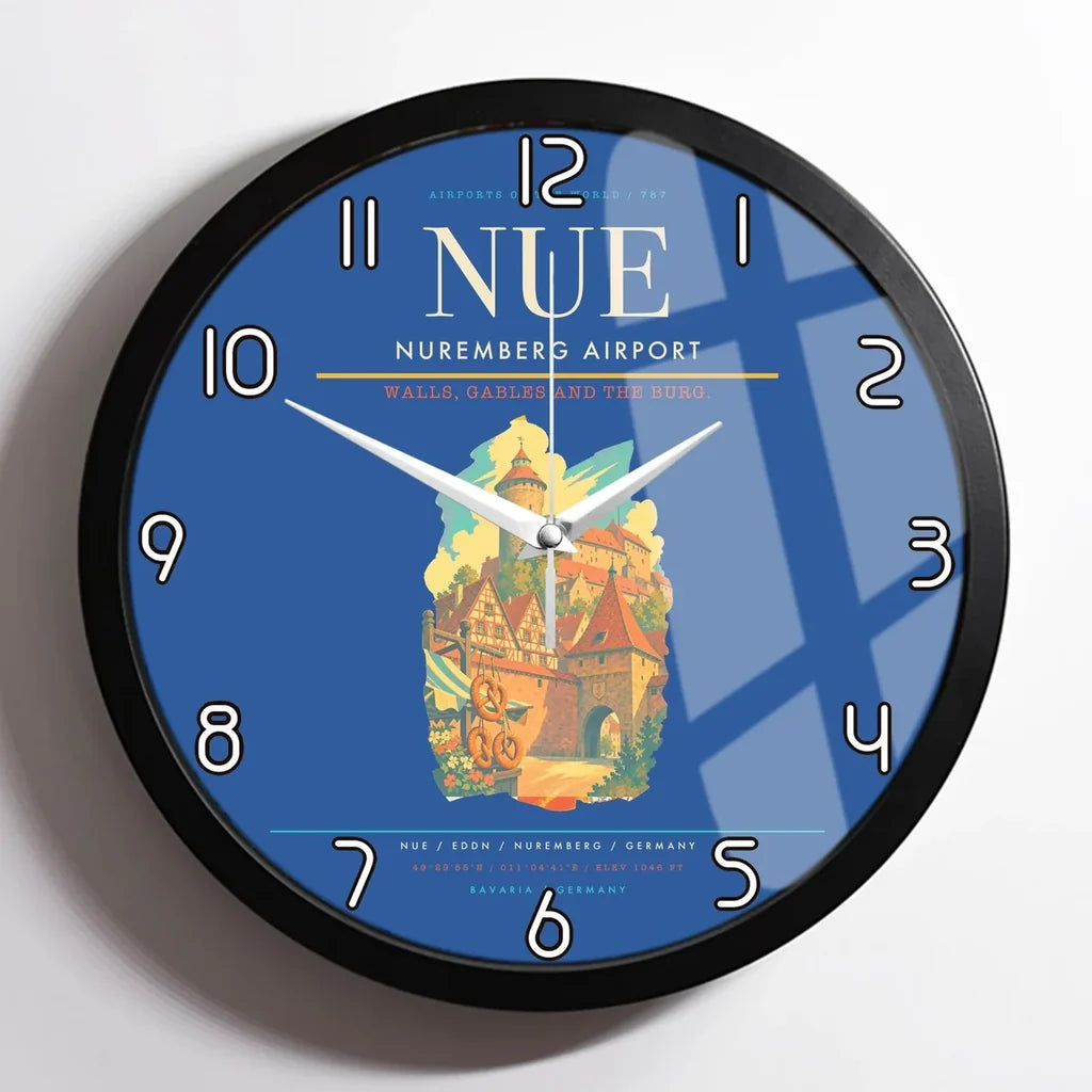 Nuremberg Airport (NUE) design on blue framed wall clock