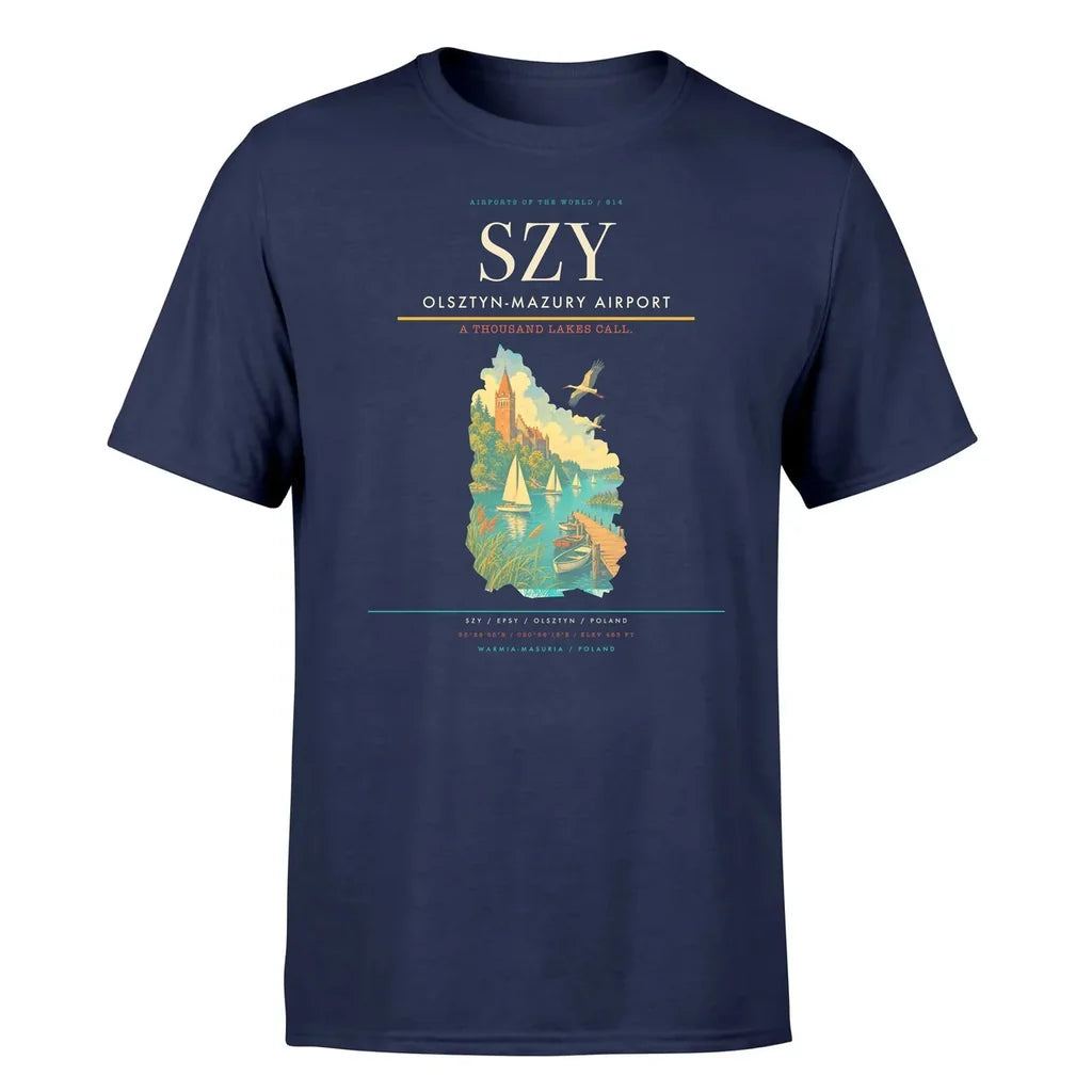 Olsztyn-Mazury Airport (SZY) T-Shirt single-side front print in Navy Blue | olsztyn-mazury-airport-szy-double-side-t-shirt