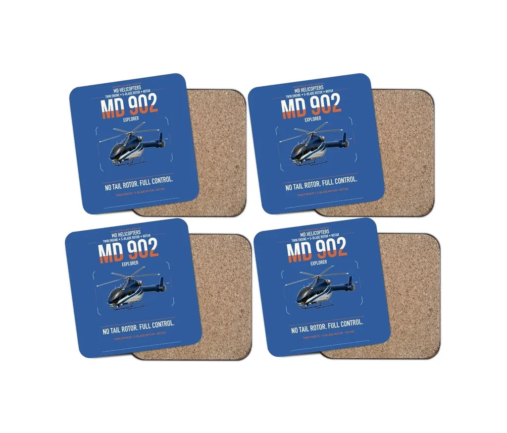 MD Helicopters MD 902 Explorer design on blue 4 pieces set coaster