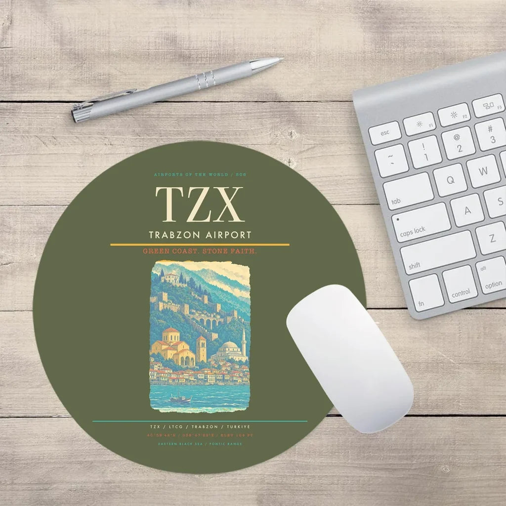 Trabzon Airport (TZX) design on green army round mouse pad
