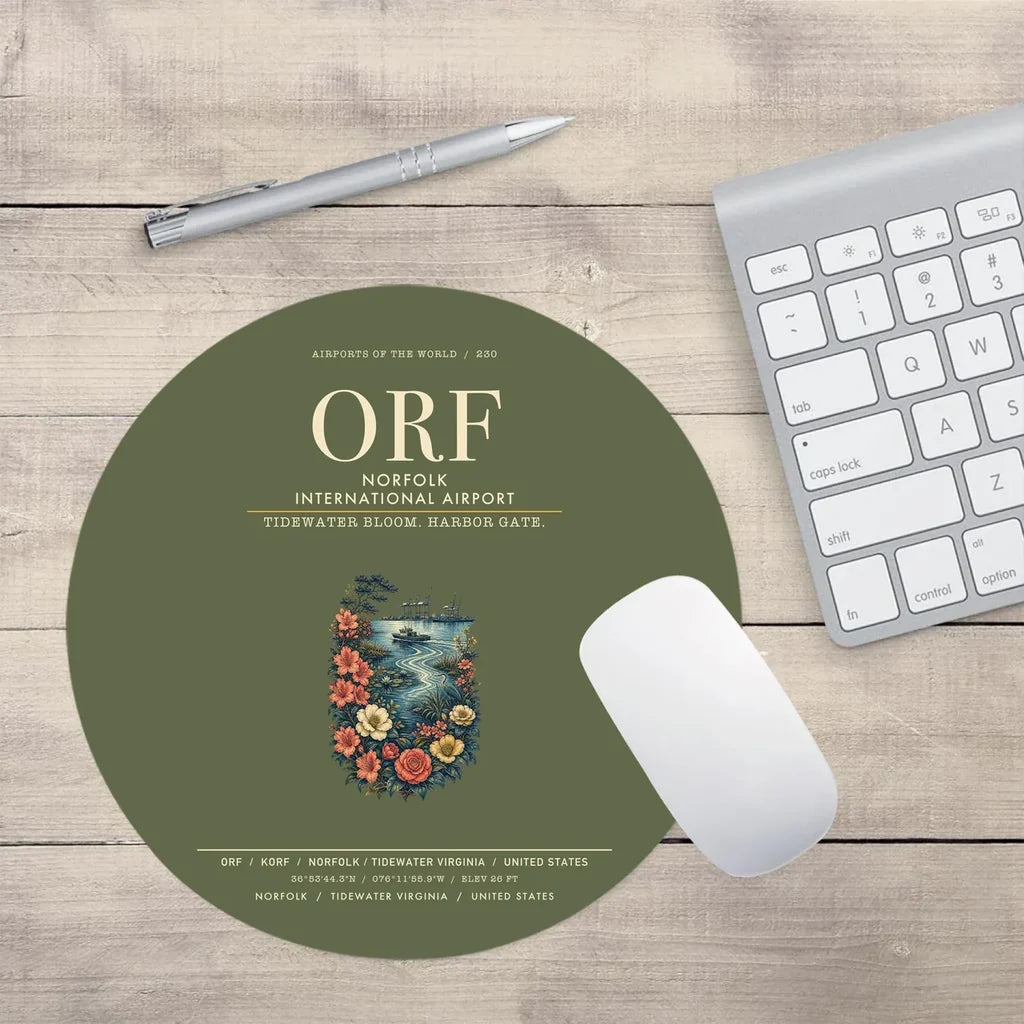 Norfolk International Airport (ORF) design on green army round mouse pad