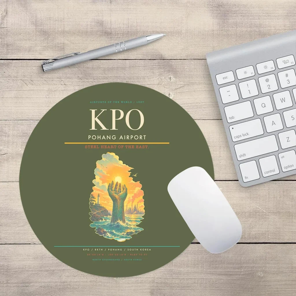 Pohang Airport (KPO) design on green army round mouse pad