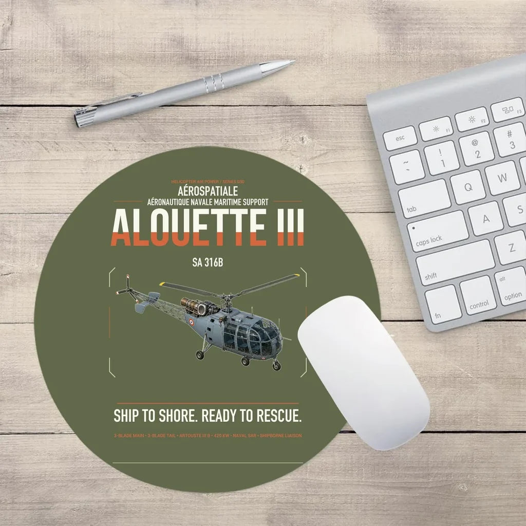 Aérospatiale SA 316B Alouette III design on green army round mouse pad