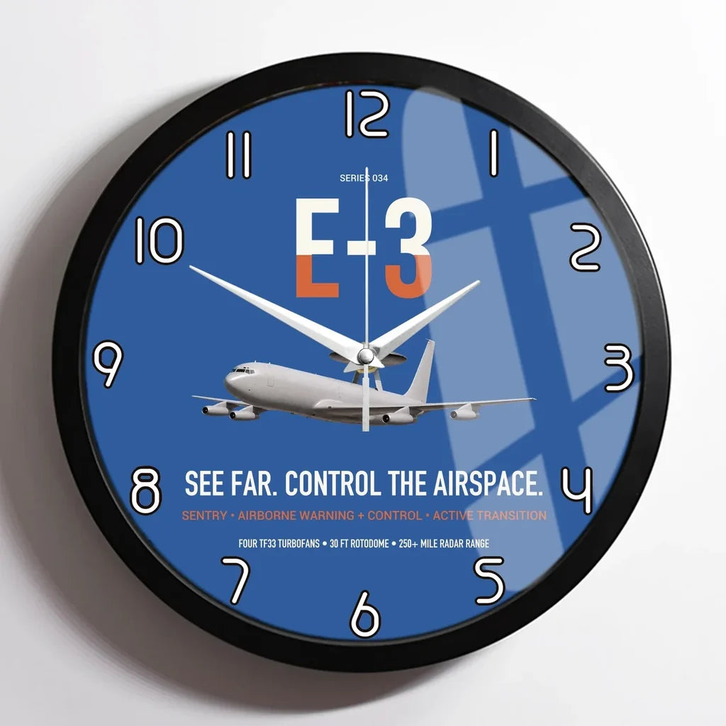 E-3 Sentry AWACS design on blue framed wall clock