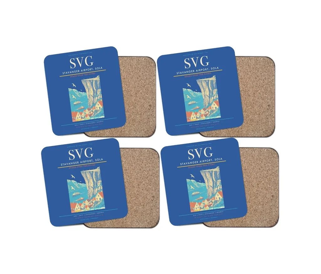 Stavanger Airport, Sola (SVG) design on blue 4 pieces set coaster