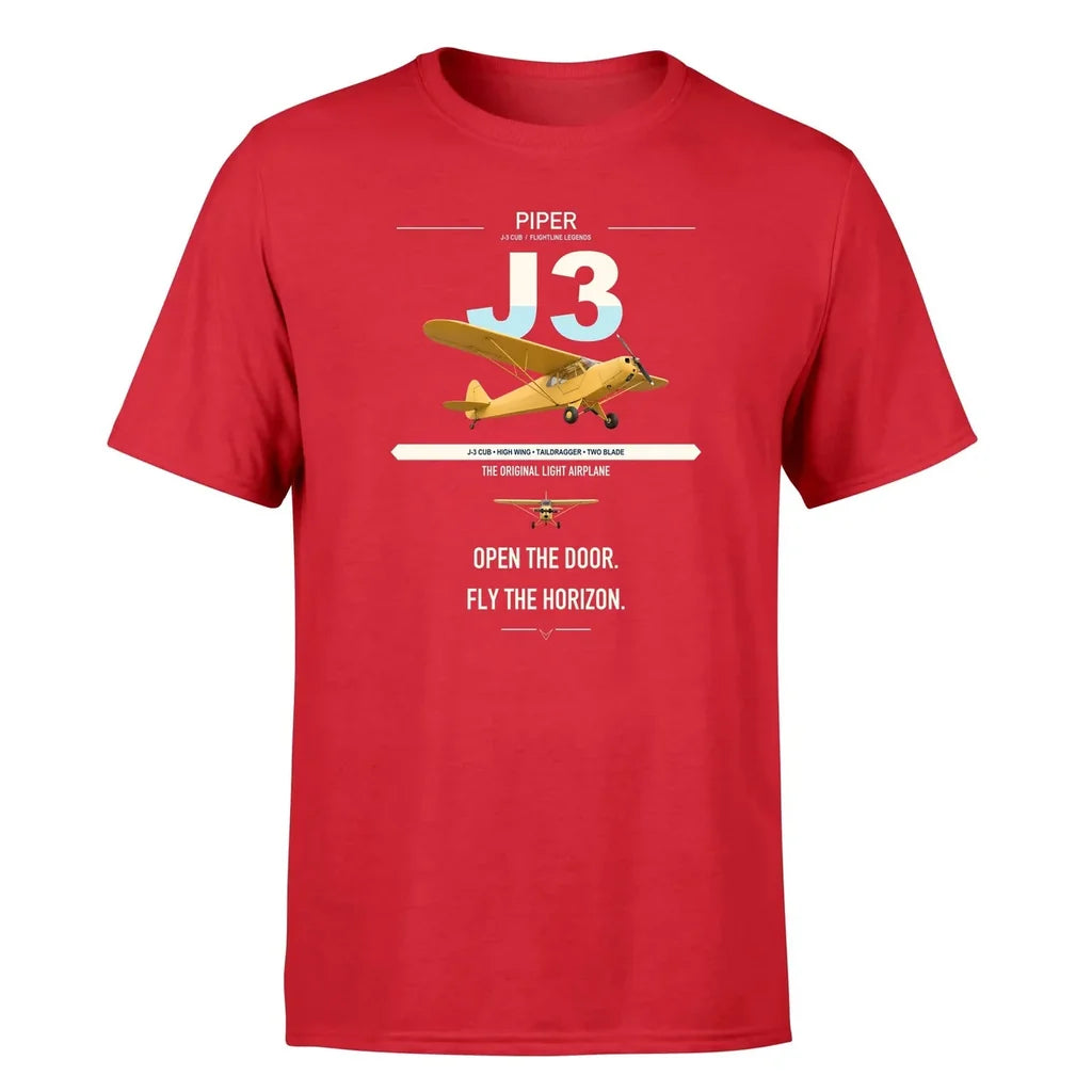 Piper J-3 Cub design on red t-shirt, single-side print