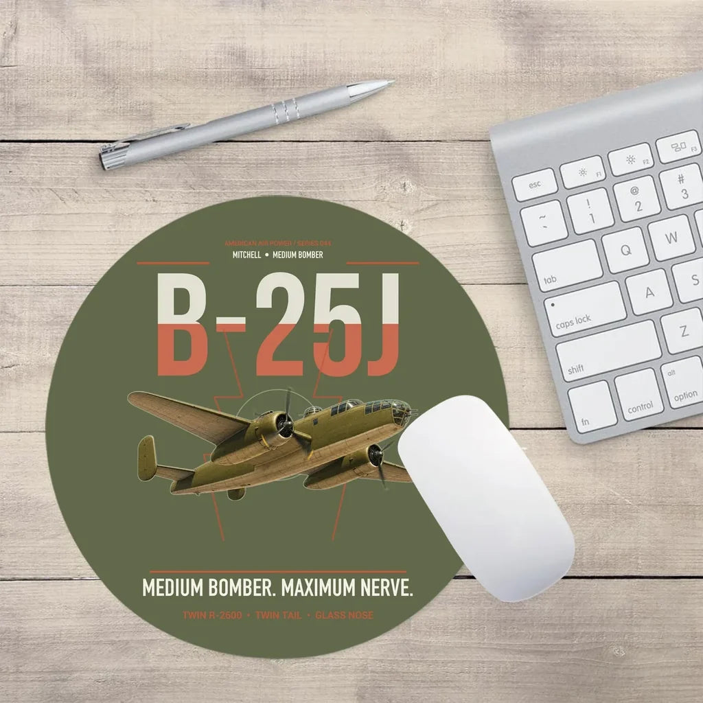 B-25J Mitchell design on green army round mouse pad
