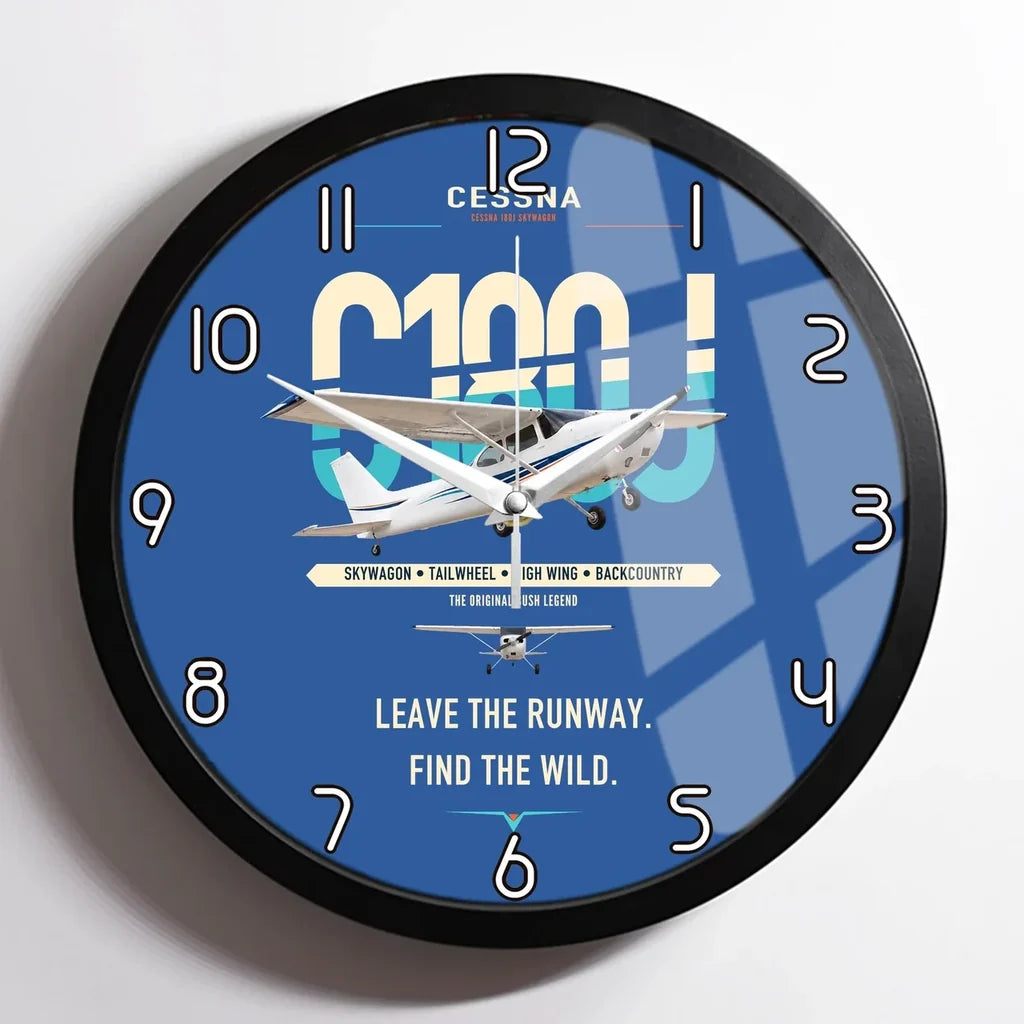 Cessna 180J Skywagon design on blue framed wall clock