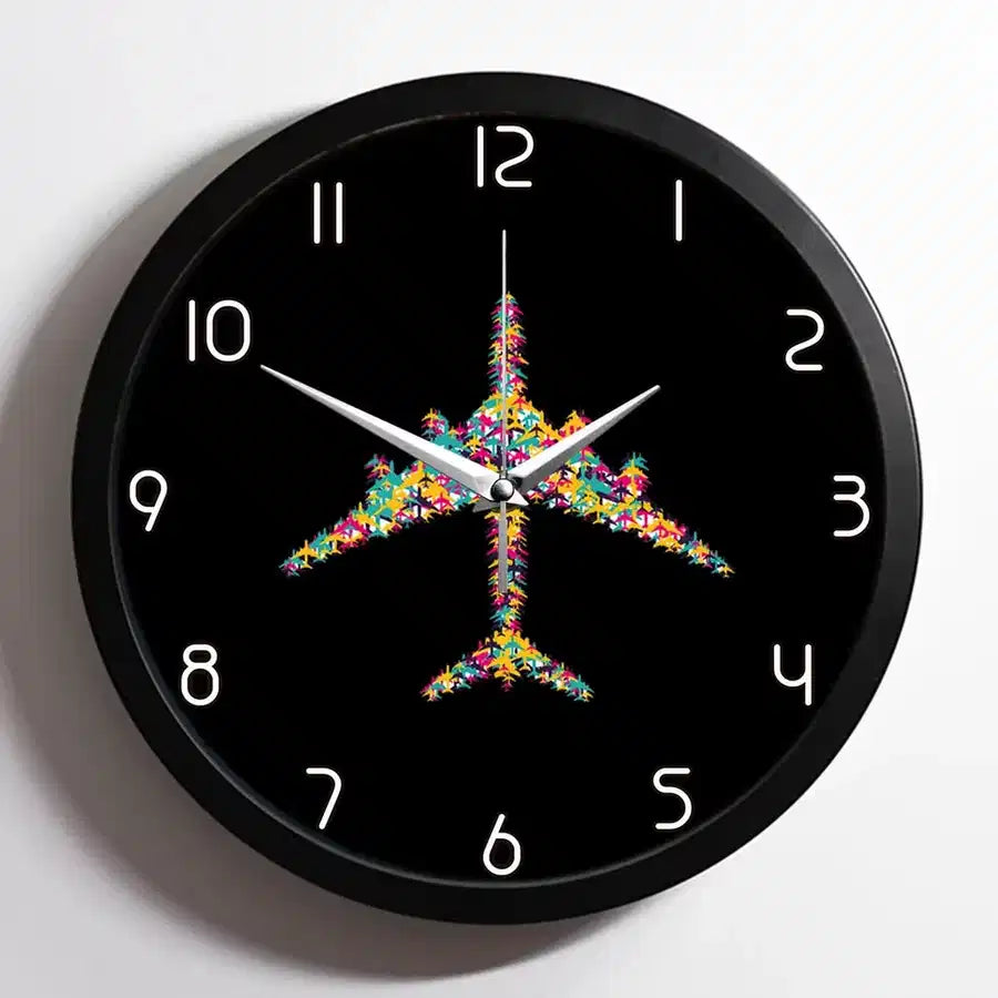 Colourful aviation design on premium wood and metal wall clock.