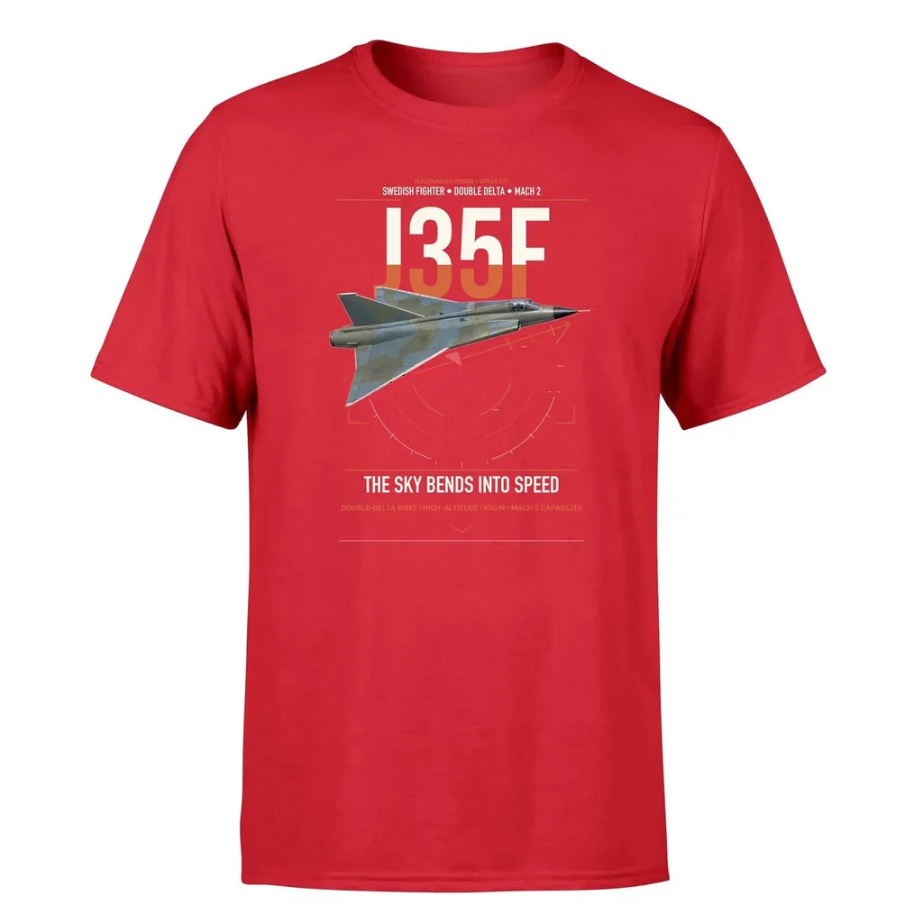 Saab J 35F Draken design on red t-shirt, single-side print