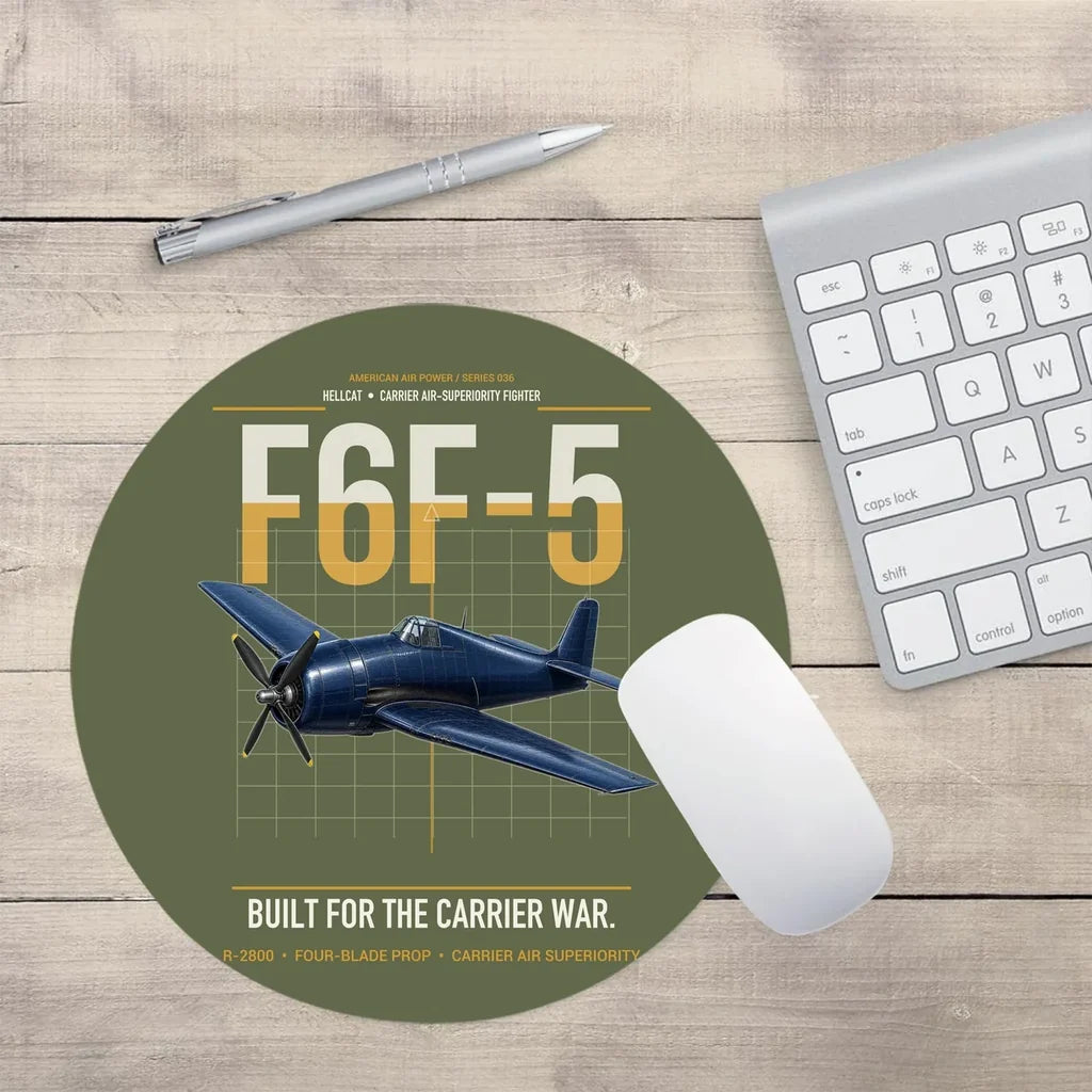 F6F-5 Hellcat design on green army round mouse pad