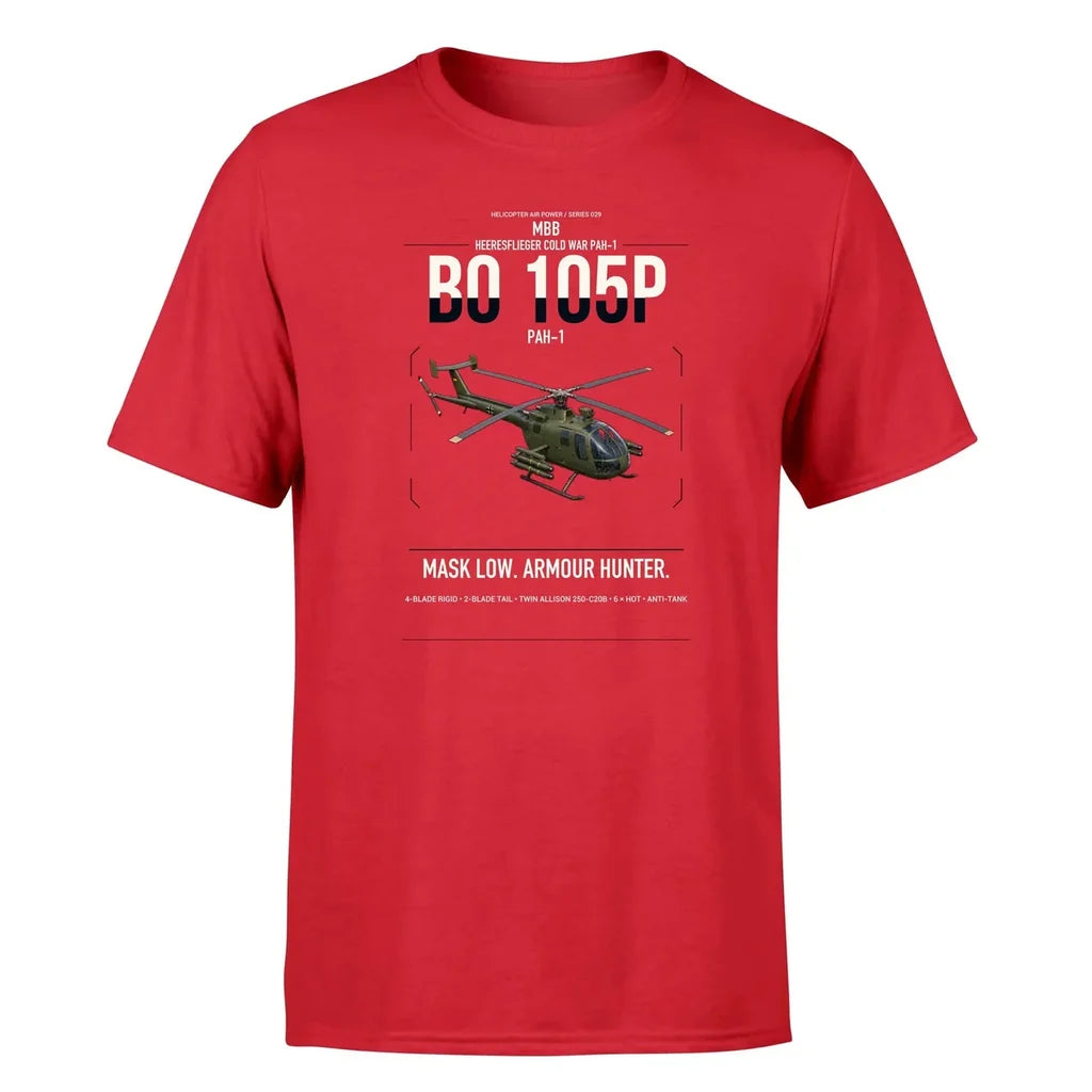 MBB BO 105P PAH-1 design on red t-shirt, single-side print