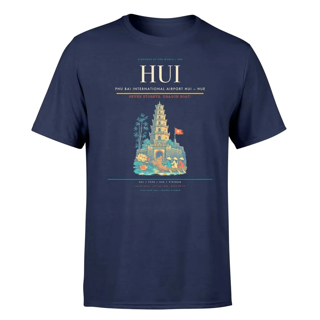 Phu Bai International Airport (HUI) T-Shirt single-side front print in Navy Blue | phu-bai-international-airport-hui-double-side-t-shirt