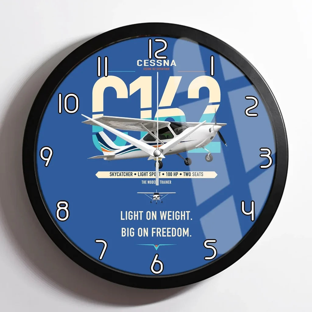Cessna 162 Skycatcher design on blue framed wall clock