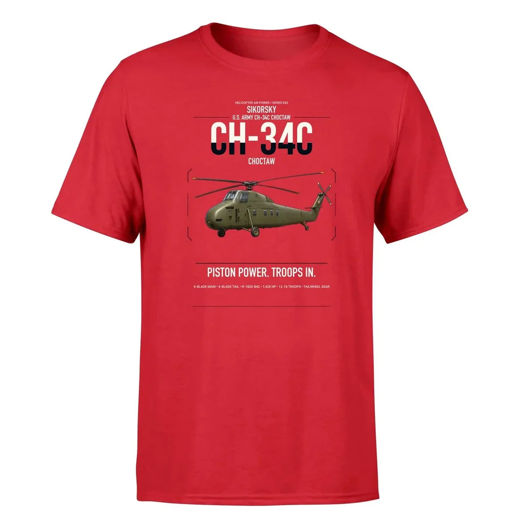 Sikorsky CH-34C Choctaw design on red t-shirt, single-side print