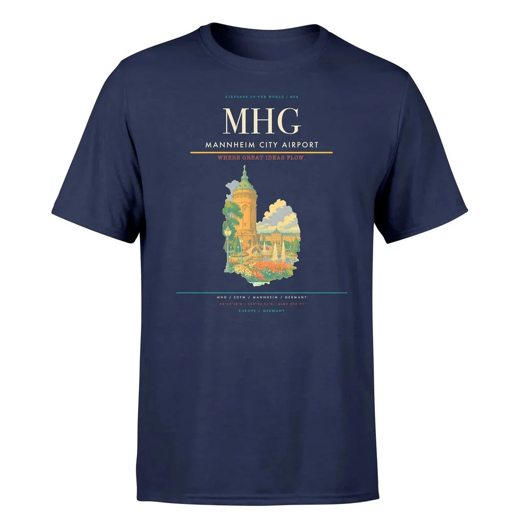 Mannheim City Airport (MHG) T-Shirt single-side front print in Navy Blue | mannheim-city-airport-mhg-double-side-t-shirt