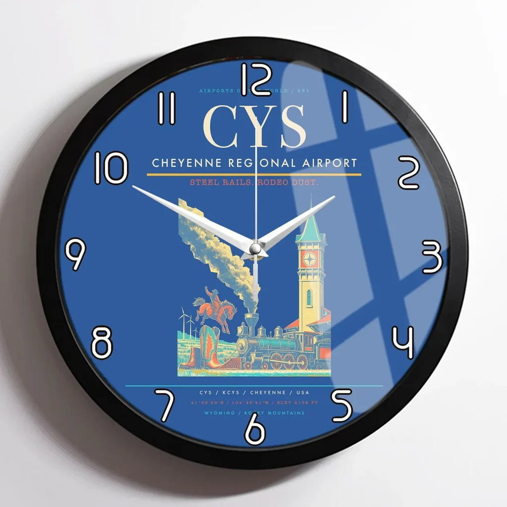 Cheyenne Regional Airport (CYS) design on blue framed wall clock