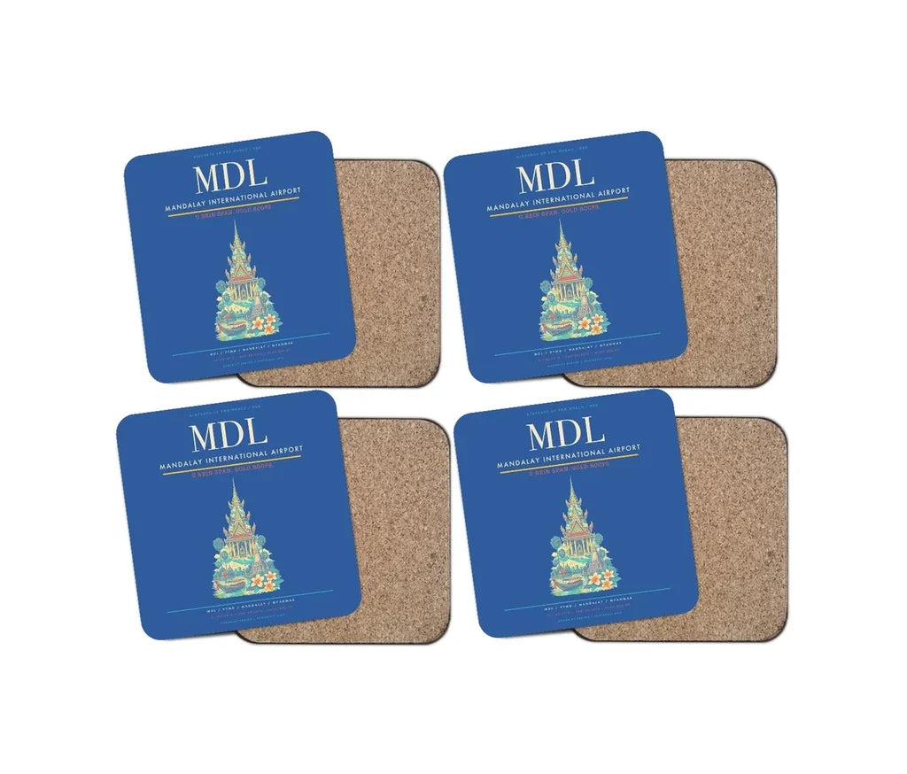 Mandalay International Airport (MDL) design on blue 4 pieces set coaster