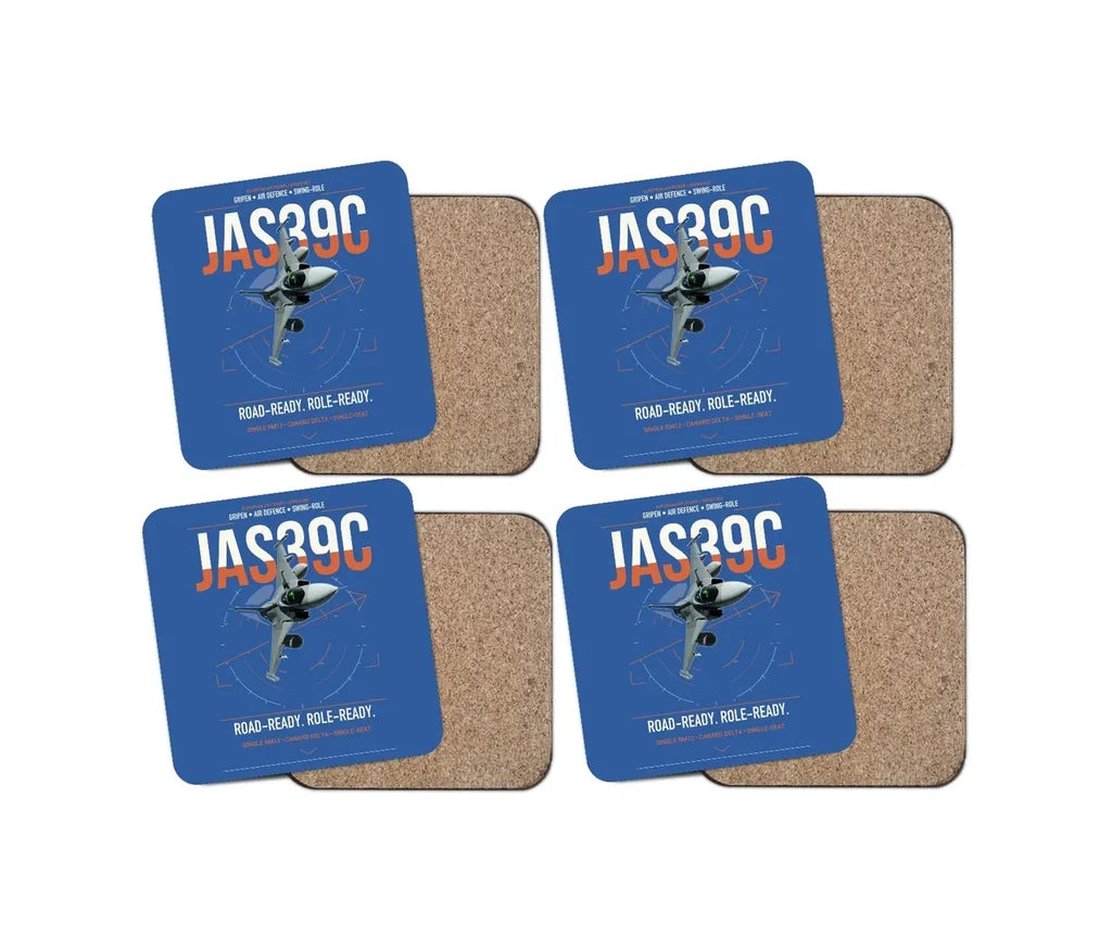 Saab JAS 39C Gripen design on blue 4 pieces set coaster