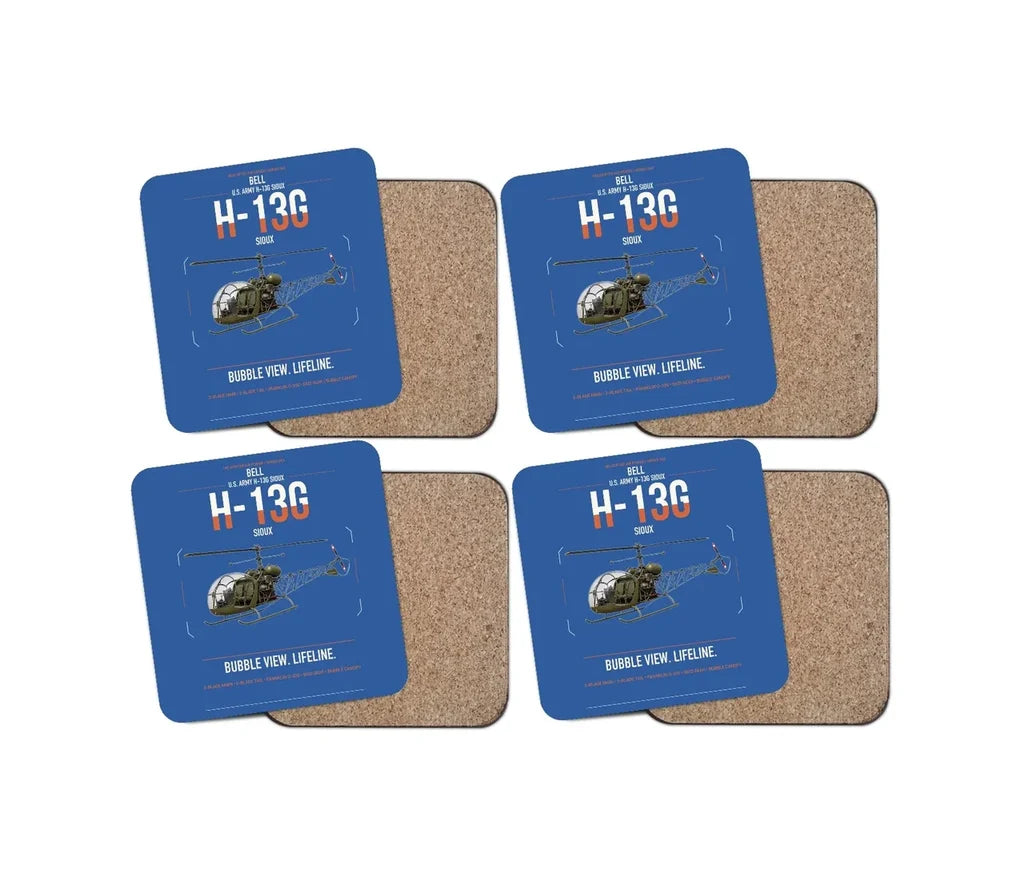 Bell H-13G Sioux design on blue 4 pieces set coaster
