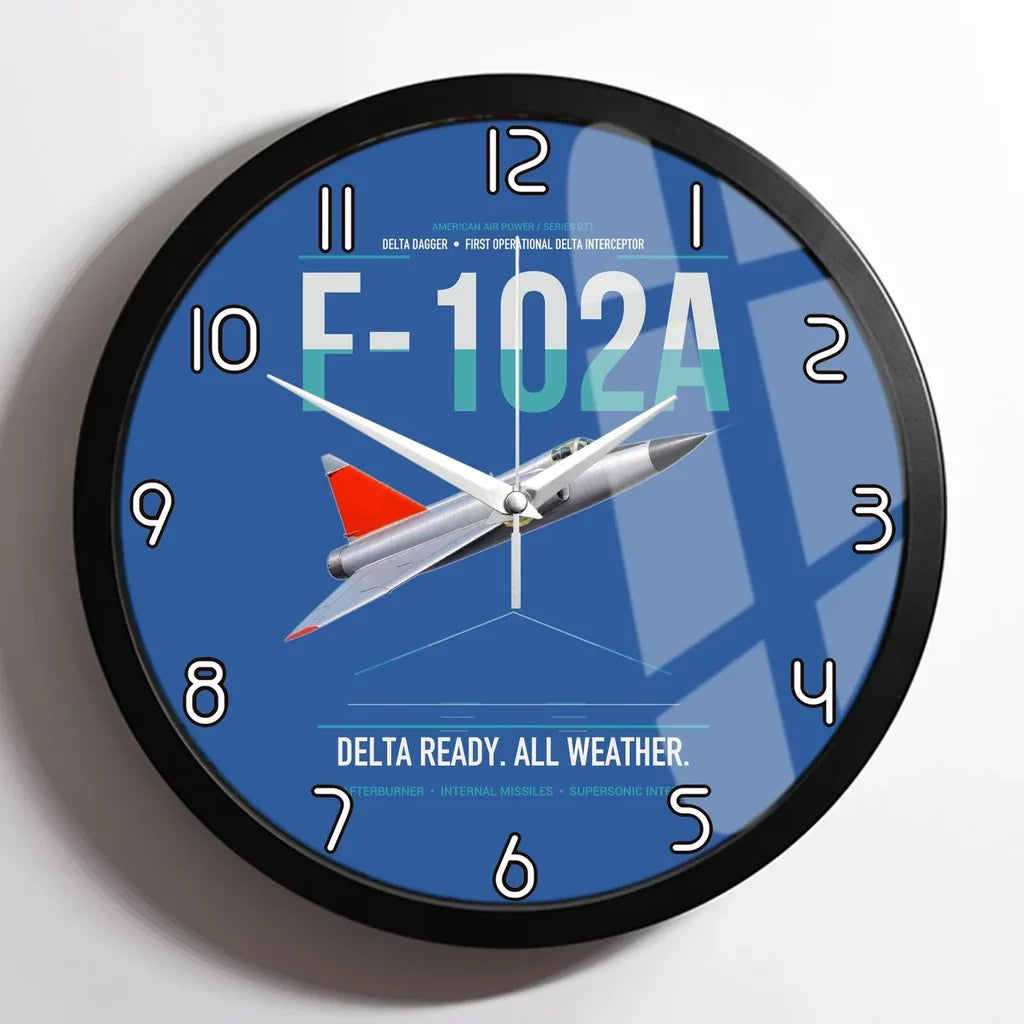 F-102A Delta Dagger design on blue framed wall clock