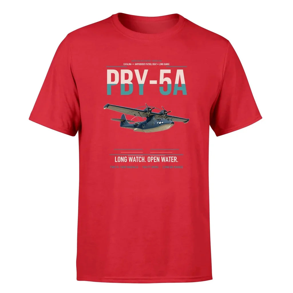 PBY-5A Catalina design on red double-side t-shirt, single-side print