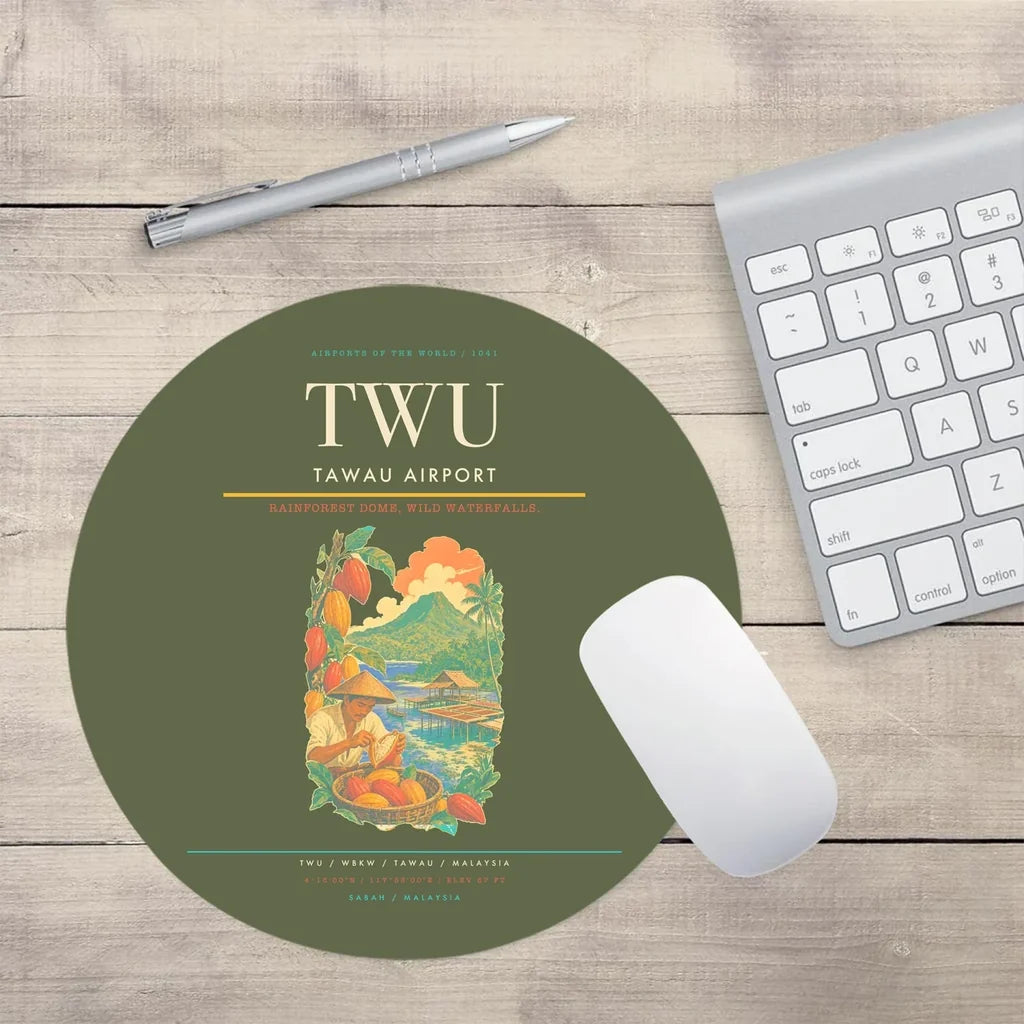 Tawau Airport (TWU) design on green army round mouse pad