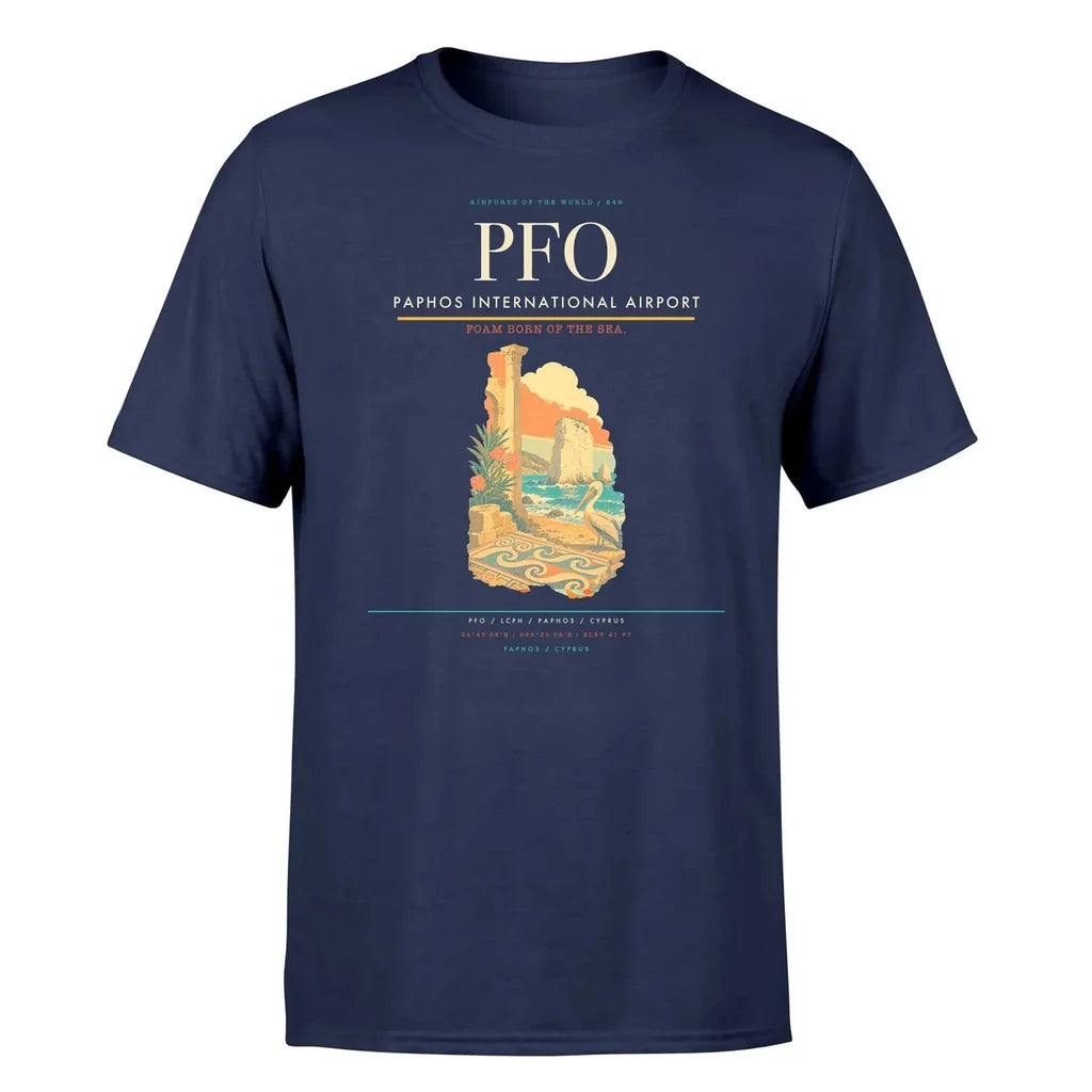Paphos International Airport (PFO) T-Shirt single-side front print in Navy Blue | paphos-international-airport-pfo-double-side-t-shirt
